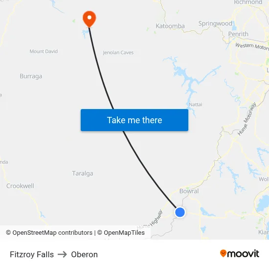 Fitzroy Falls to Oberon map