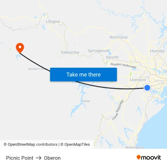 Picnic Point to Oberon map