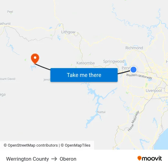 Werrington County to Oberon map