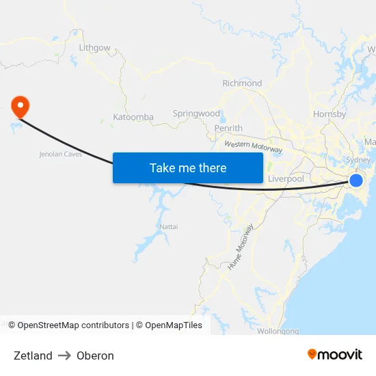 Zetland to Oberon map