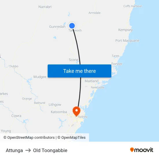 Attunga to Old Toongabbie map