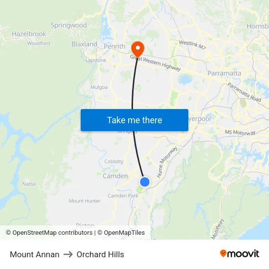 Mount Annan to Orchard Hills map