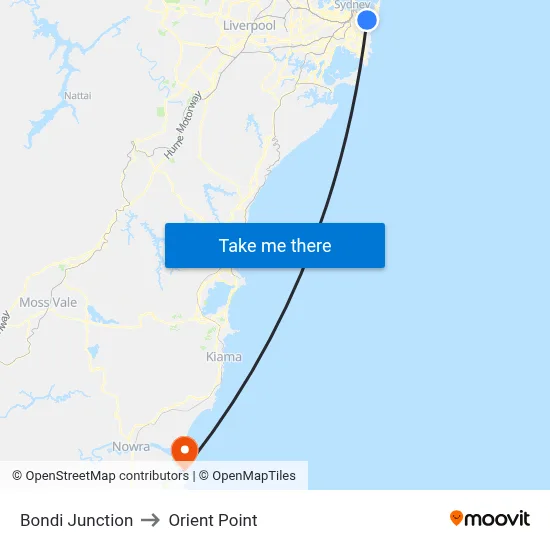 Bondi Junction to Orient Point map
