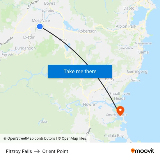 Fitzroy Falls to Orient Point map