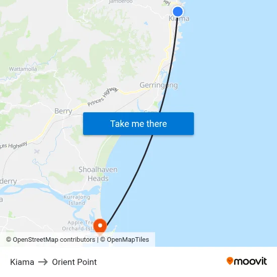 Kiama to Orient Point map