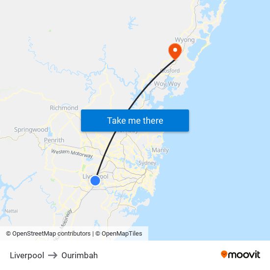 Liverpool to Ourimbah map