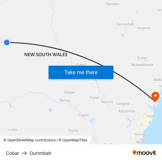 Cobar to Ourimbah map