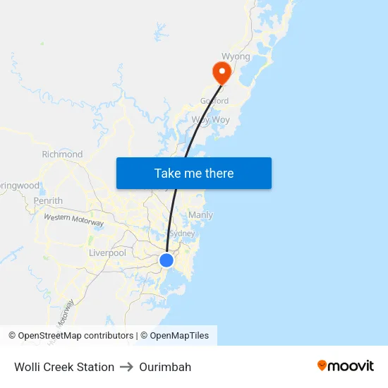 Wolli Creek Station to Ourimbah map
