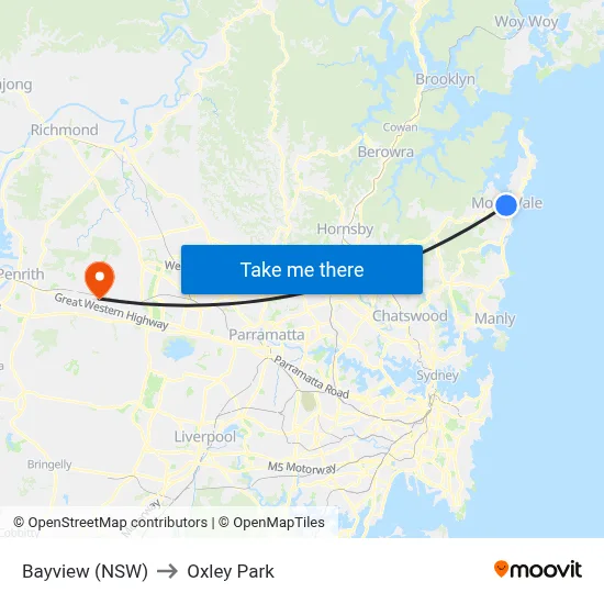 Bayview (NSW) to Oxley Park map