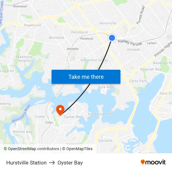Hurstville Station to Oyster Bay map
