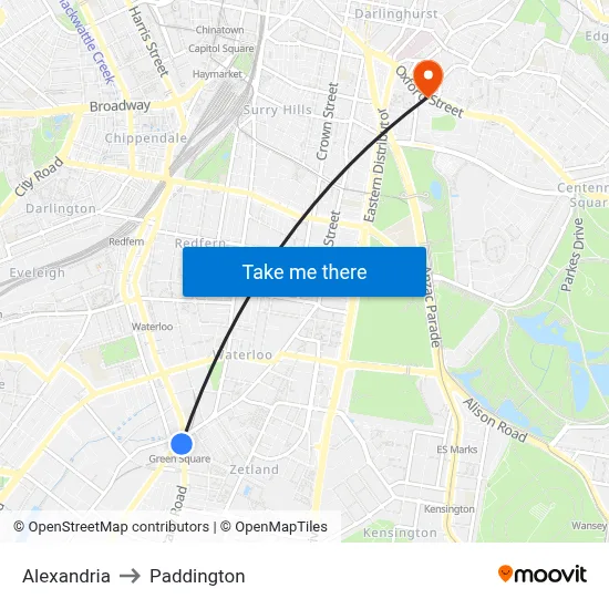 Alexandria to Paddington map