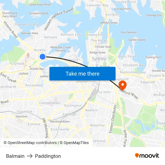 Balmain to Paddington map