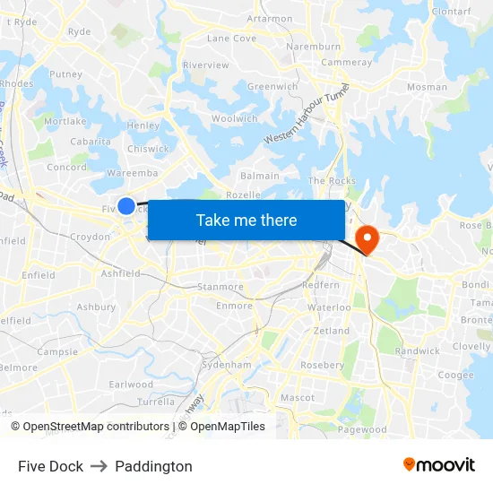 Five Dock to Paddington map