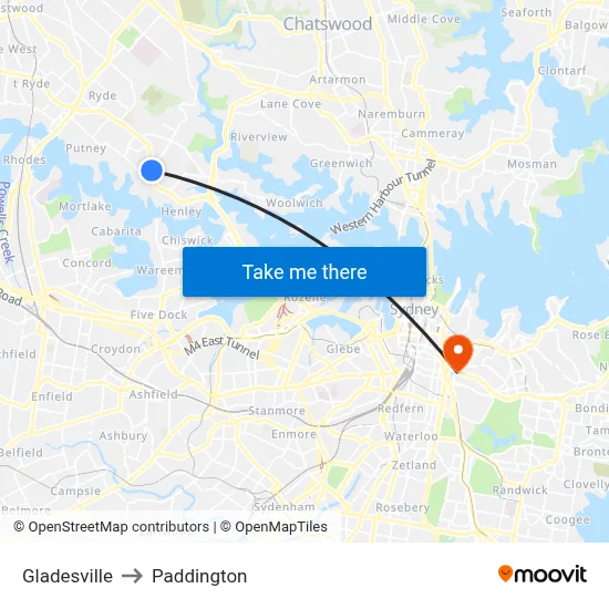 Gladesville to Paddington map