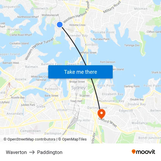 Waverton to Paddington map