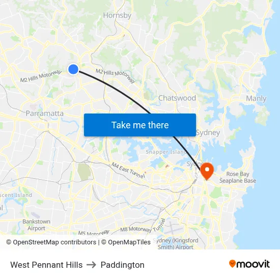 West Pennant Hills to Paddington map