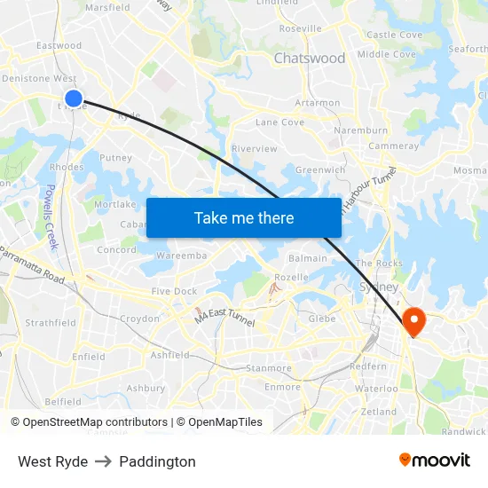 West Ryde to Paddington map
