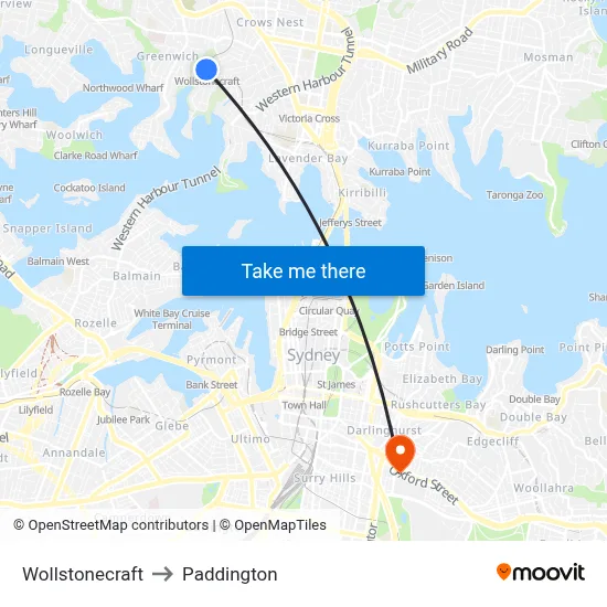 Wollstonecraft to Paddington map