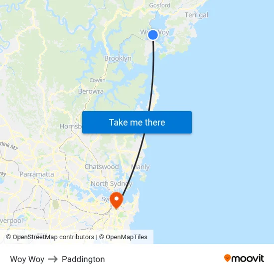 Woy Woy to Paddington map