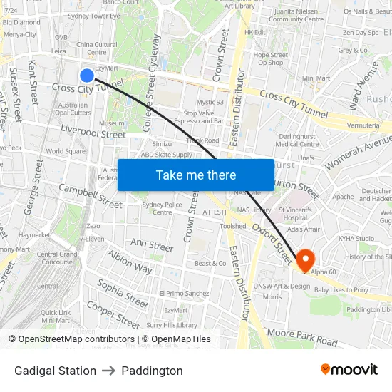 Gadigal Station to Paddington map
