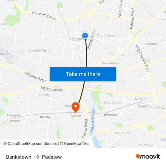 Bankstown to Padstow map