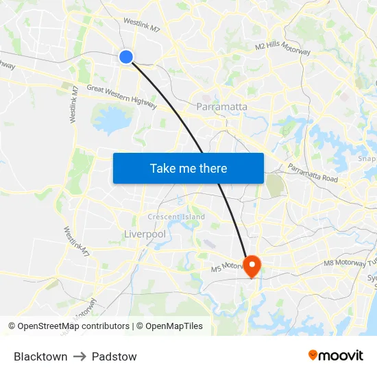 Blacktown to Padstow map