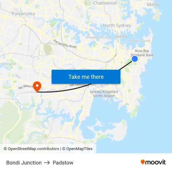 Bondi Junction to Padstow map