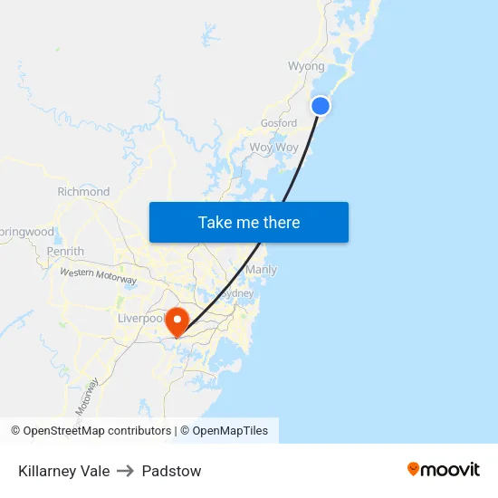 Killarney Vale to Padstow map