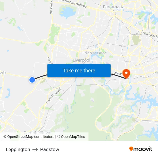 Leppington to Padstow map