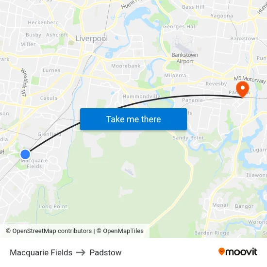 Macquarie Fields to Padstow map
