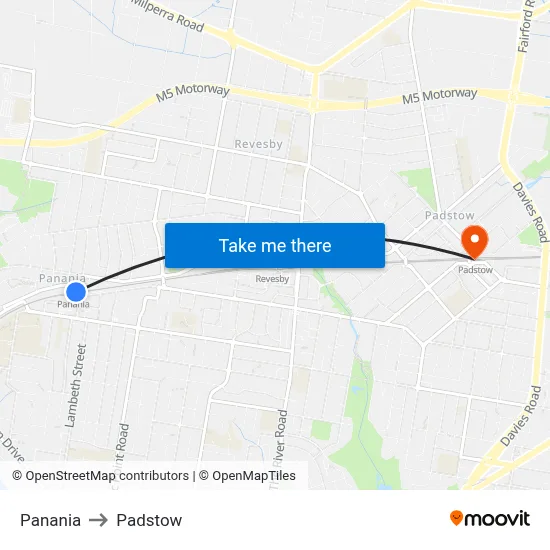 Panania to Padstow map