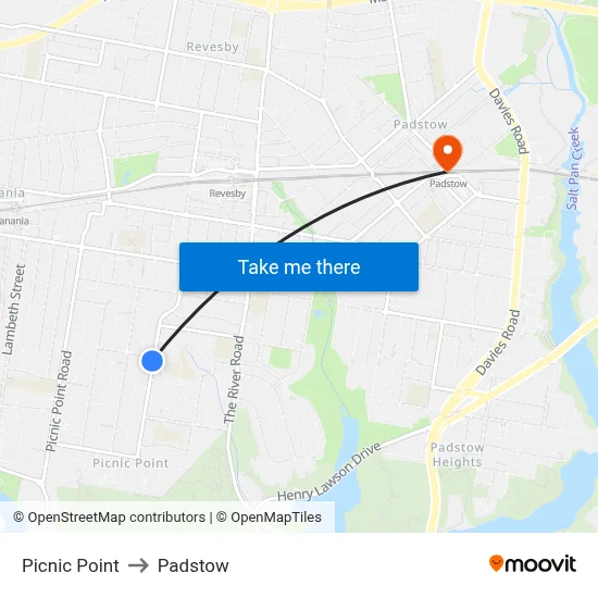 Picnic Point to Padstow map