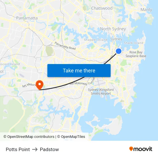Potts Point to Padstow map