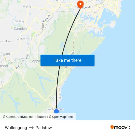 Wollongong to Padstow map