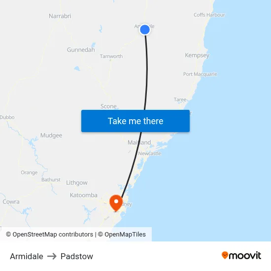 Armidale to Padstow map