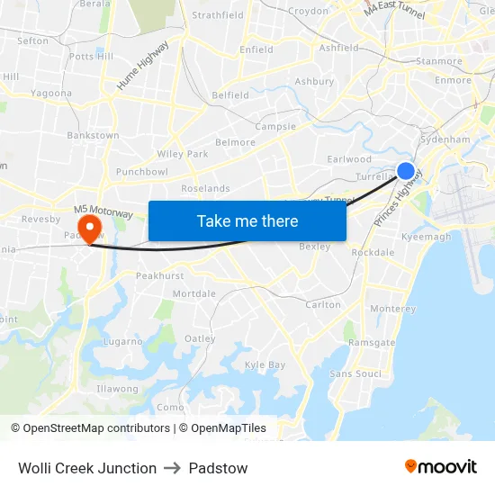 Wolli Creek Junction to Padstow map