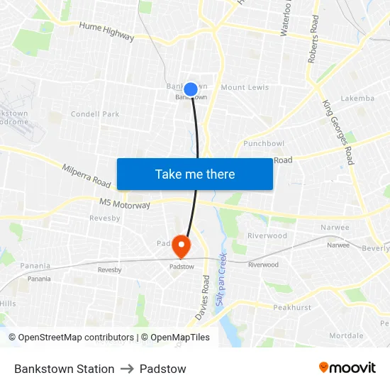 Bankstown Station to Padstow map