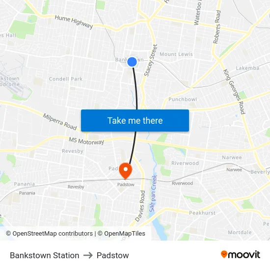 Bankstown Station to Padstow map