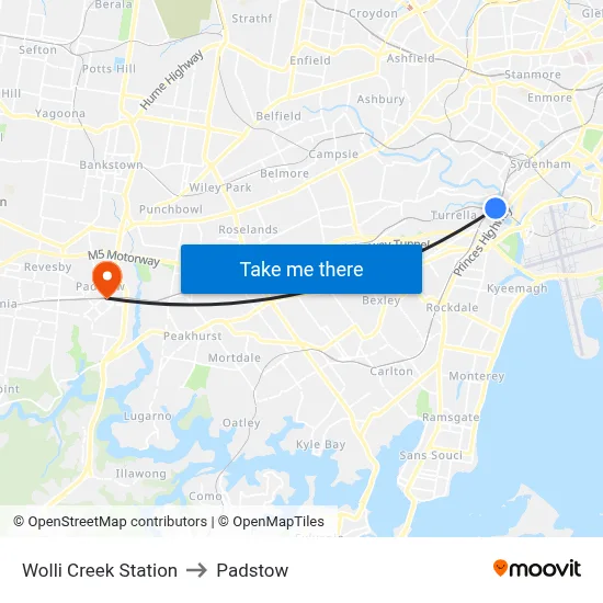Wolli Creek Station to Padstow map