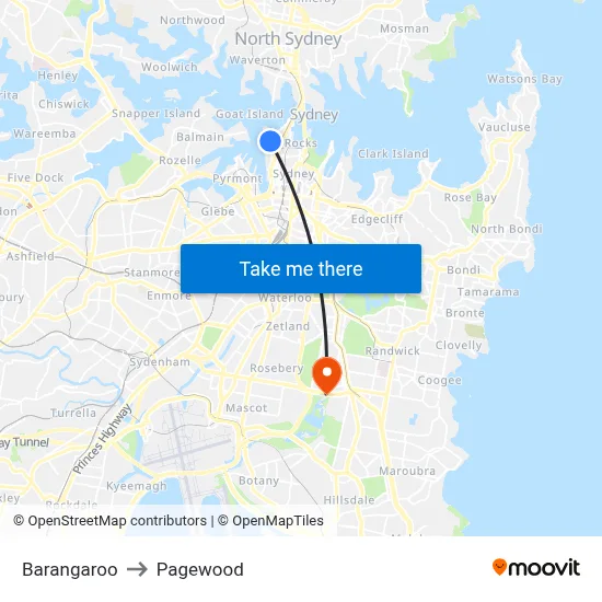 Barangaroo to Pagewood map