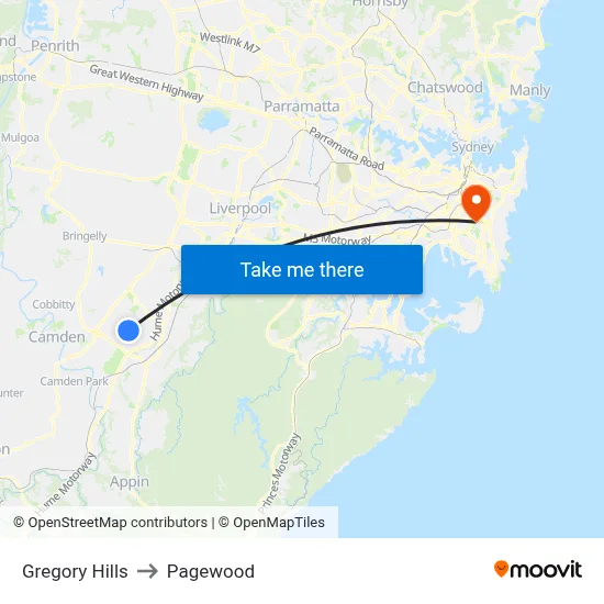 Gregory Hills to Pagewood map