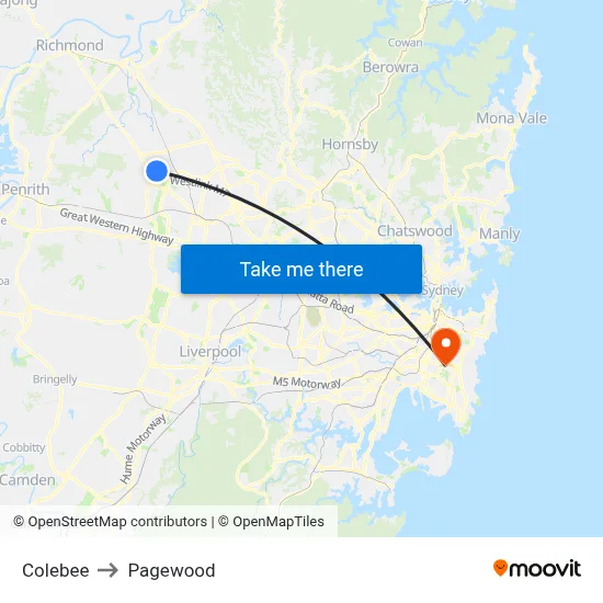 Colebee to Pagewood map