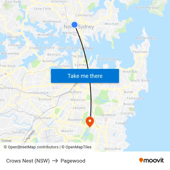 Crows Nest (NSW) to Pagewood map