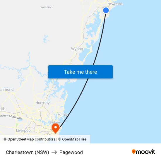 Charlestown (NSW) to Pagewood map