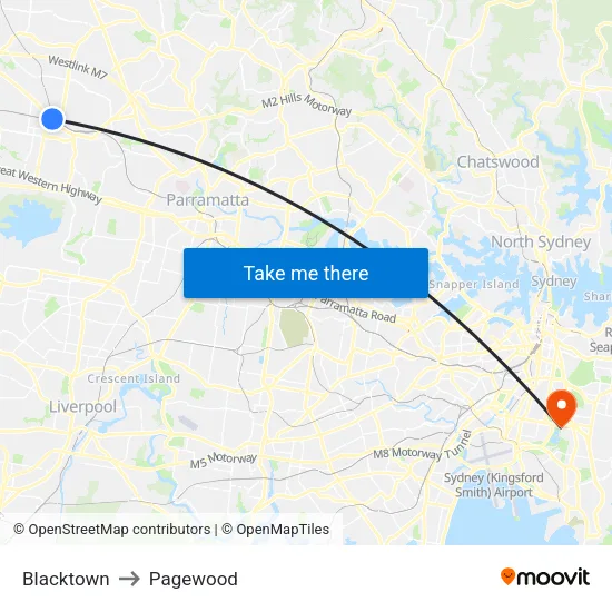 Blacktown to Pagewood map