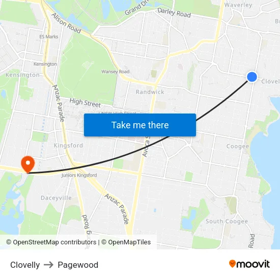Clovelly to Pagewood map