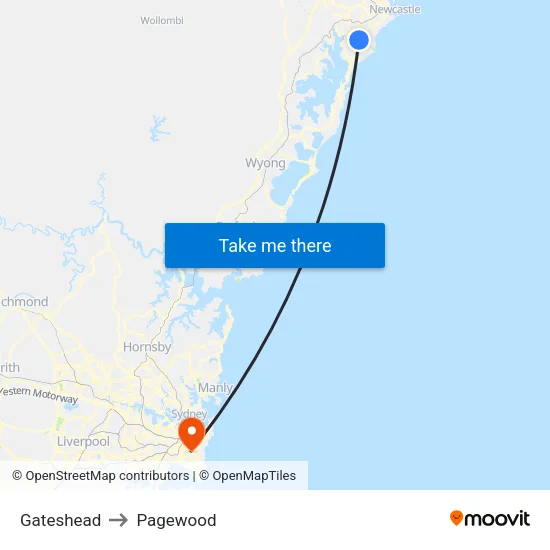 Gateshead to Pagewood map