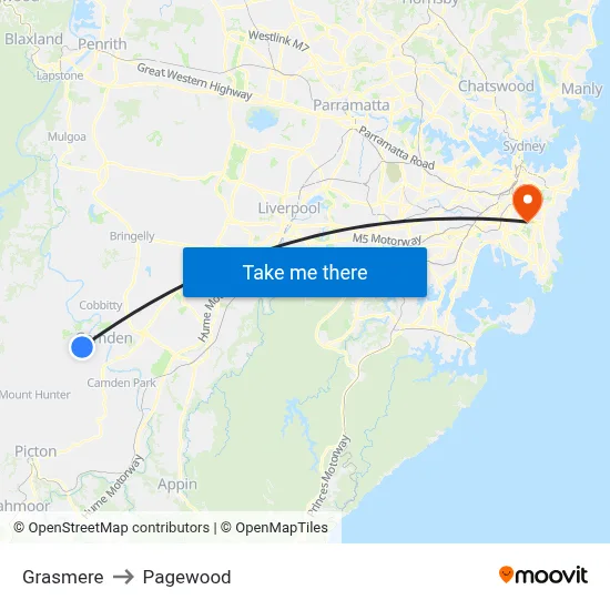 Grasmere to Pagewood map