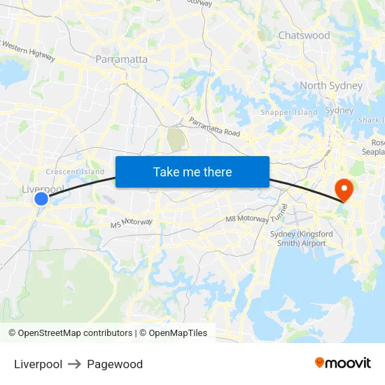 Liverpool to Pagewood map