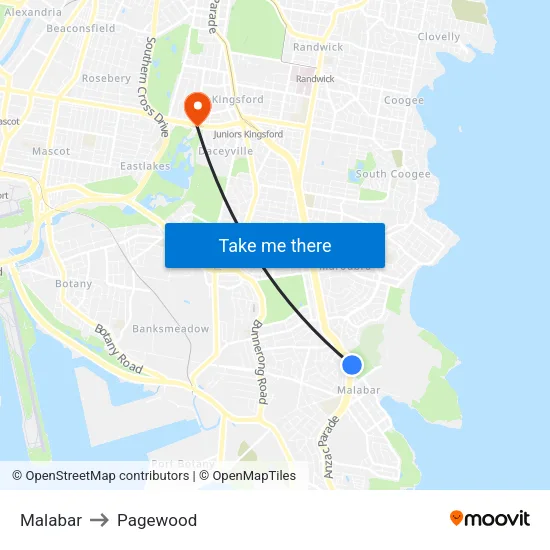 Malabar to Pagewood map